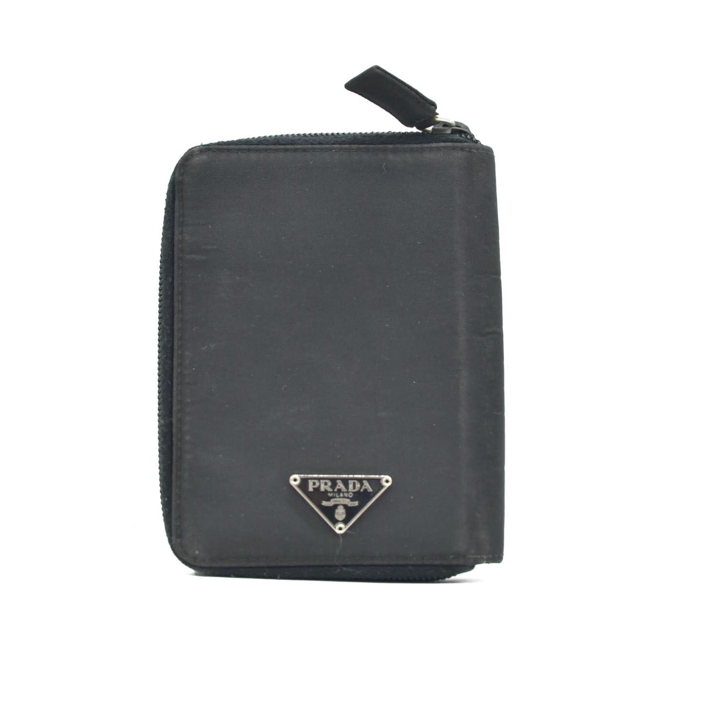 $480 PRADA Tessuto Nylon Logo Plate Zippy Bifold Wallet Black