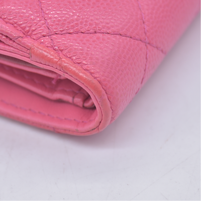 $1025 2020 CHANEL Interlocking CC Chain Small Flap Tri-Fold Wallet Pink Caviar Leather