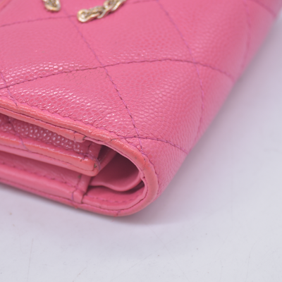 $1025 2020 CHANEL Interlocking CC Chain Small Flap Tri-Fold Wallet Pink Caviar Leather