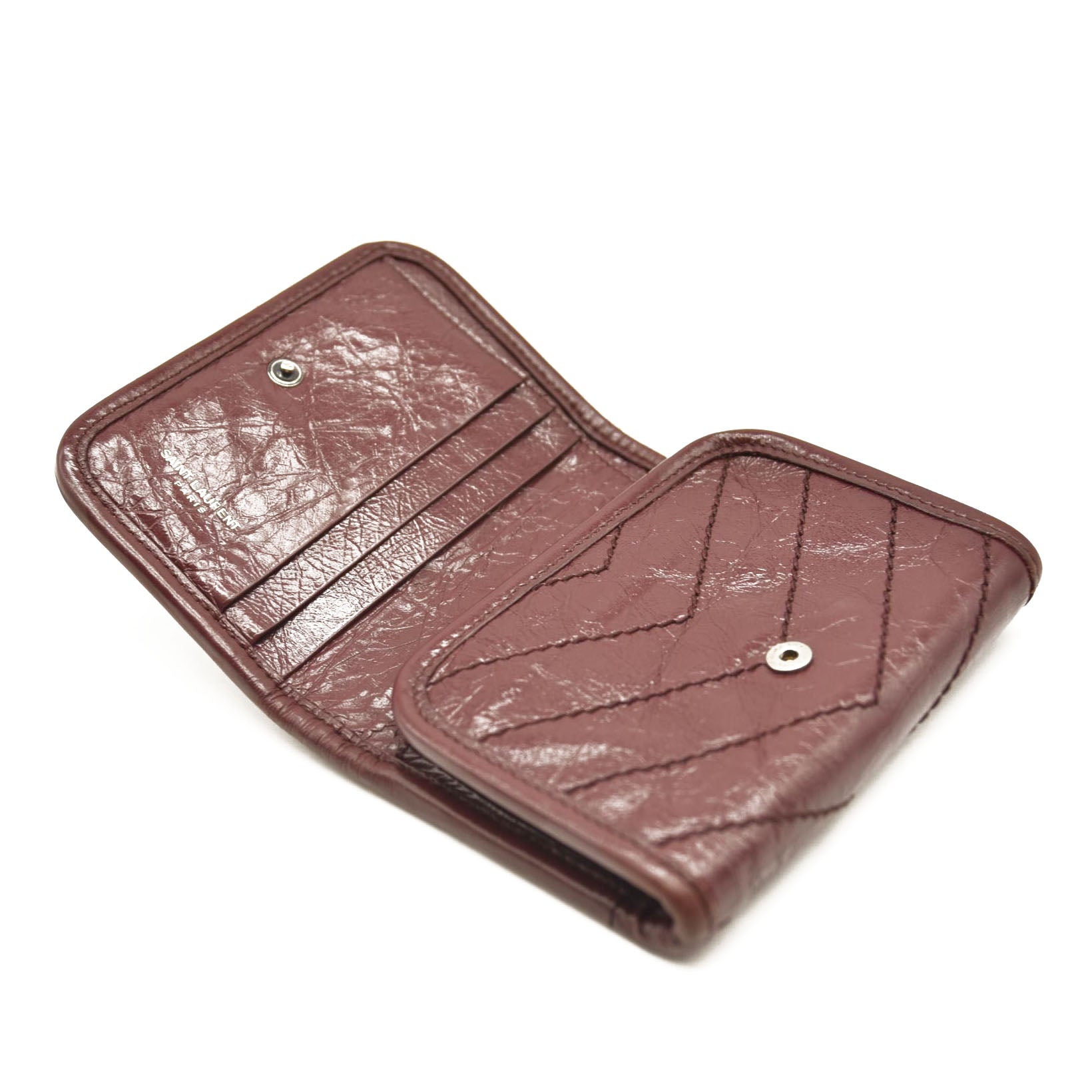 Saint Laurent Compact Niki Wallet Burgundy Leather Crinkled