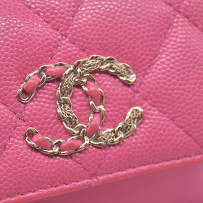 $1025 2020 CHANEL Interlocking CC Chain Small Flap Tri-Fold Wallet Pink Caviar Leather
