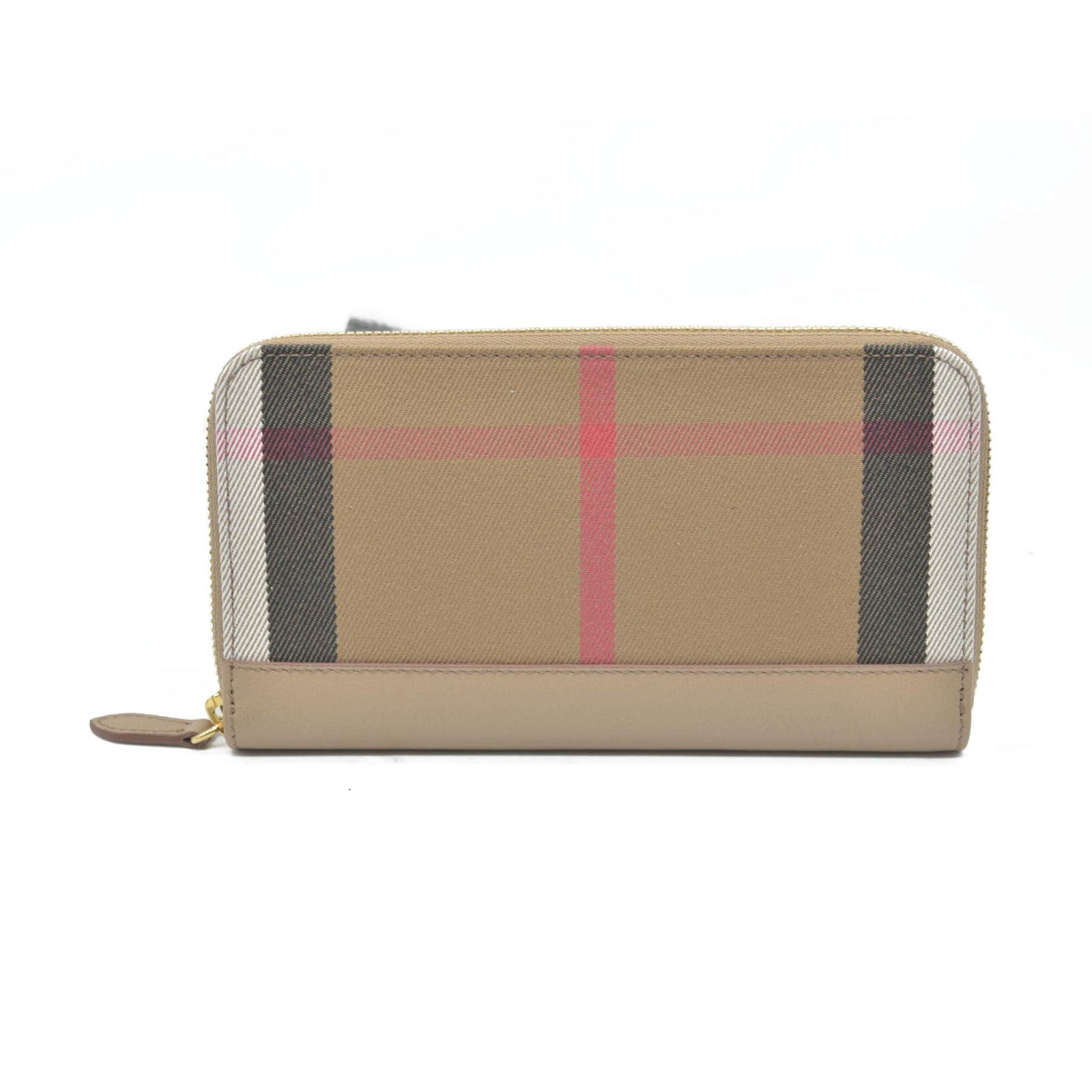 $680 CONSIGNMENT Burberry Vintage Check Cotton & Leather Zip-Around Wallet