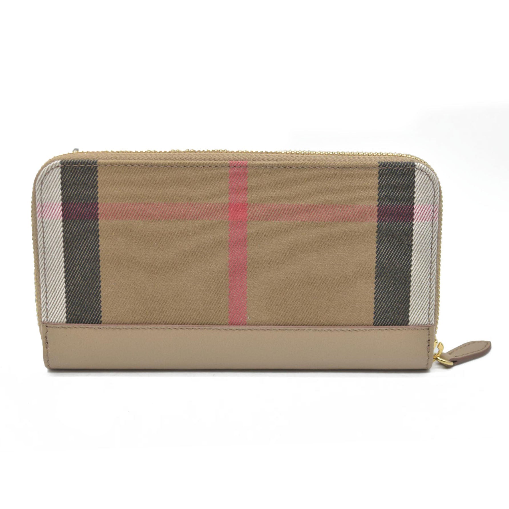 $680 CONSIGNMENT Burberry Vintage Check Cotton & Leather Zip-Around Wallet