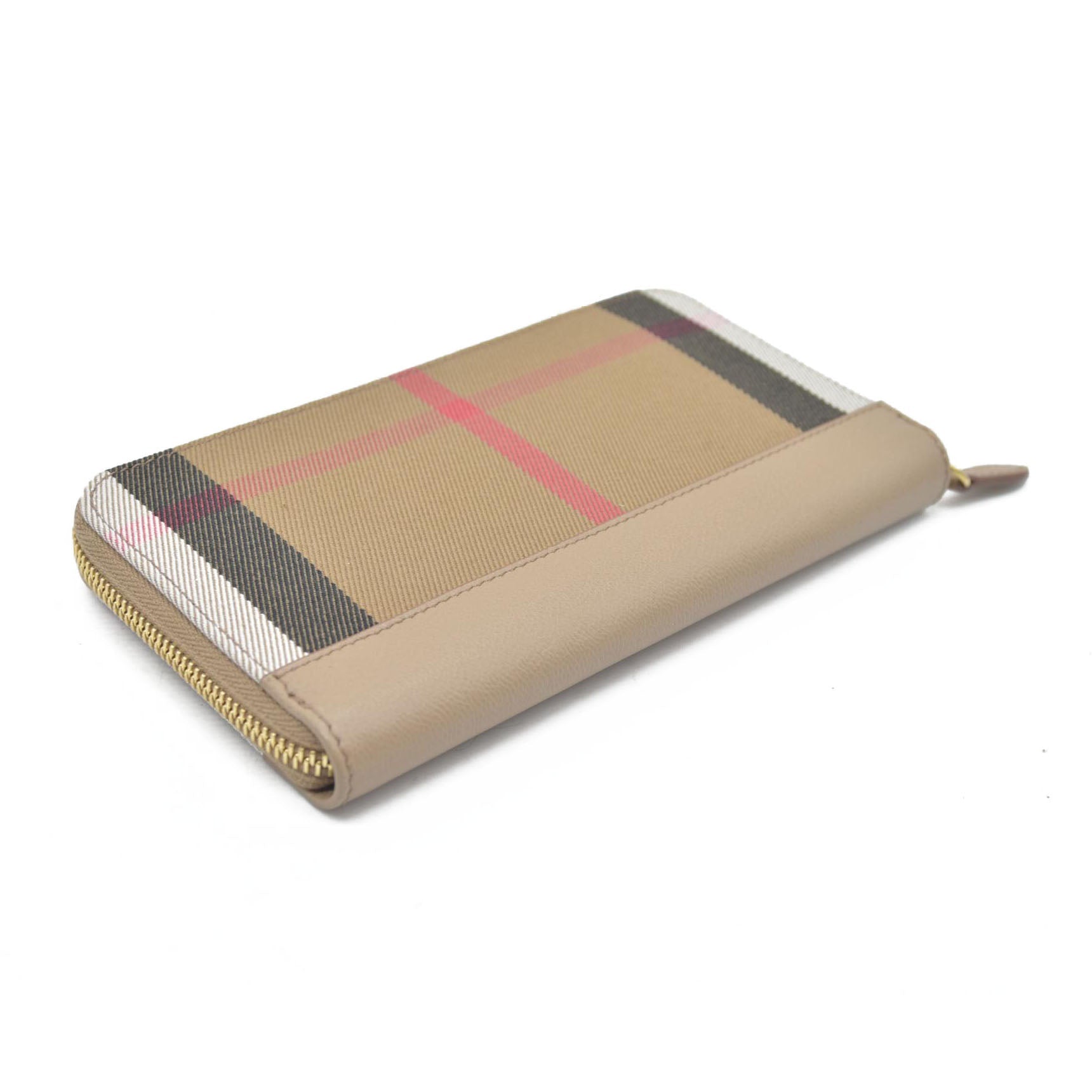 $680 CONSIGNMENT Burberry Vintage Check Cotton & Leather Zip-Around Wallet