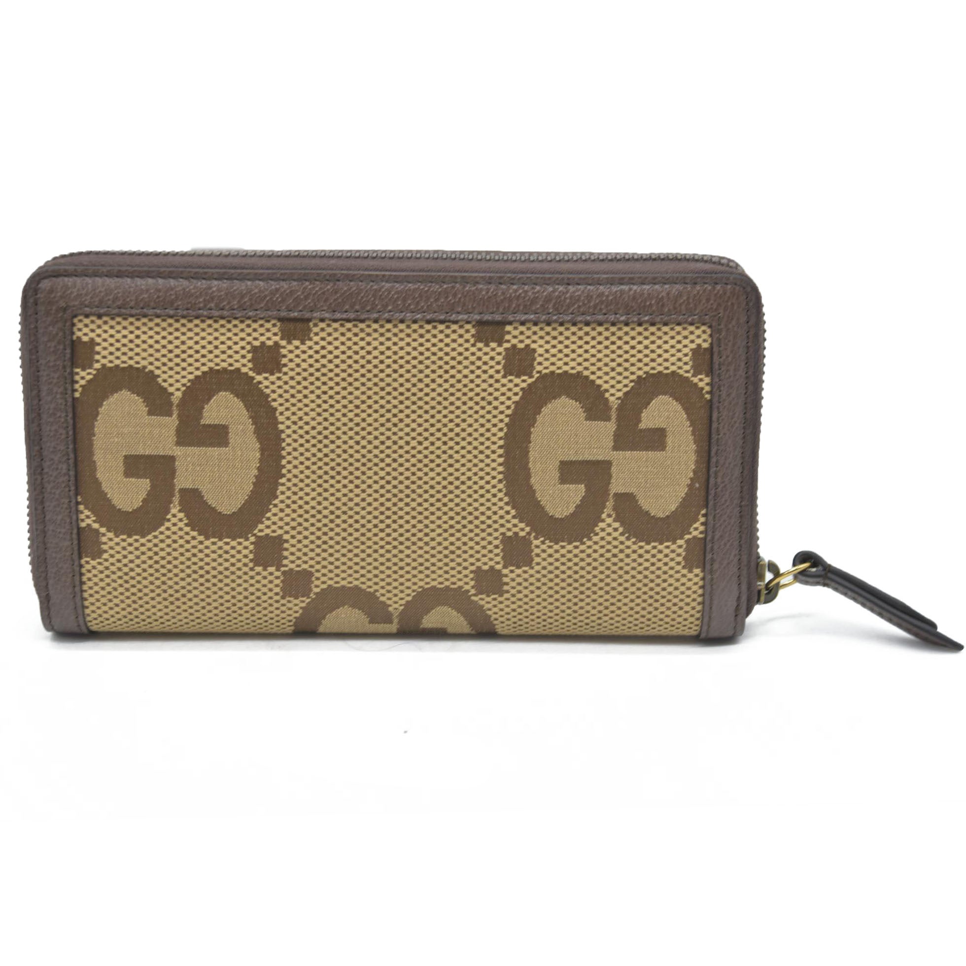 $850 CONSIGNMENT Gucci  Monogram Jumbo GG Textured Dollar Calfskin Diana Zip Around Continental Wallet Camel Ebony New Acero