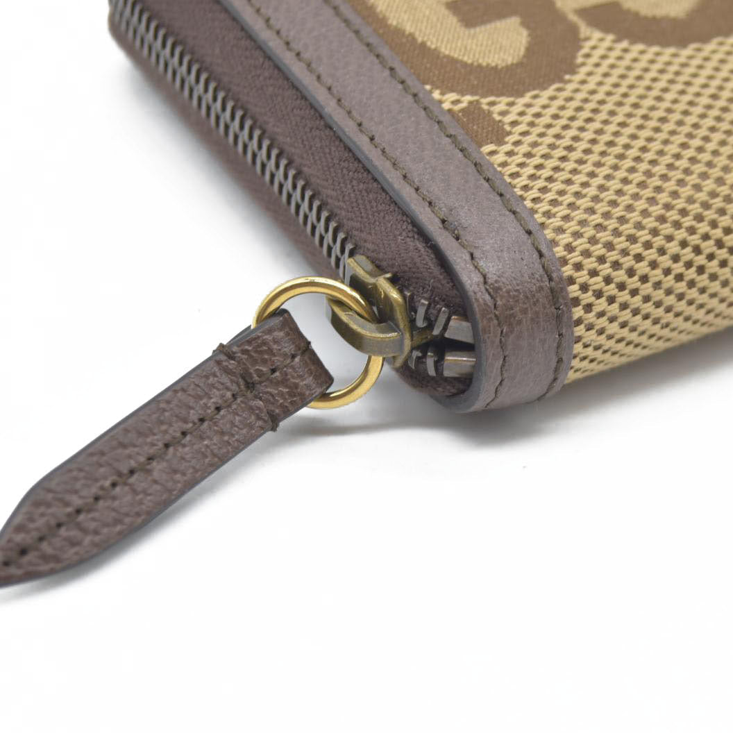 $850 CONSIGNMENT Gucci  Monogram Jumbo GG Textured Dollar Calfskin Diana Zip Around Continental Wallet Camel Ebony New Acero
