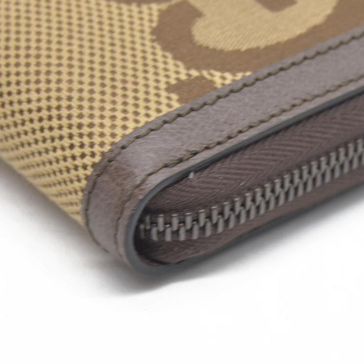 $850 CONSIGNMENT Gucci  Monogram Jumbo GG Textured Dollar Calfskin Diana Zip Around Continental Wallet Camel Ebony New Acero