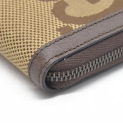 $850 CONSIGNMENT Gucci  Monogram Jumbo GG Textured Dollar Calfskin Diana Zip Around Continental Wallet Camel Ebony New Acero