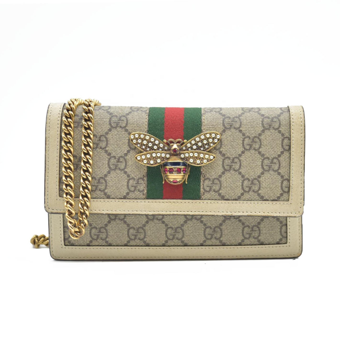 Gucci  GG Supreme Monogram Web Queen Margaret Chain Wallet White