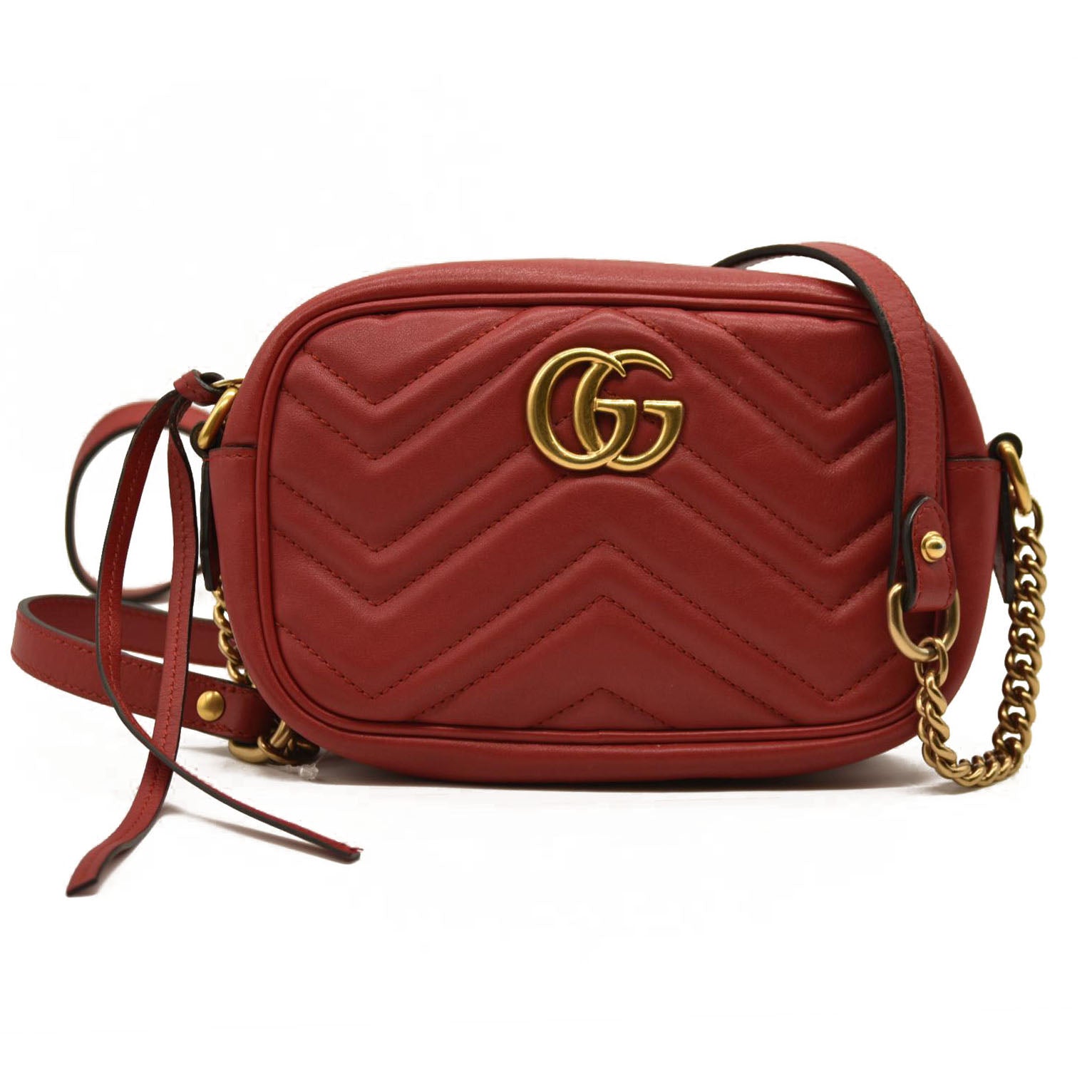 Gucci  Calfskin Matelasse Small GG Marmont Chain Shoulder Bag Hibiscus Red