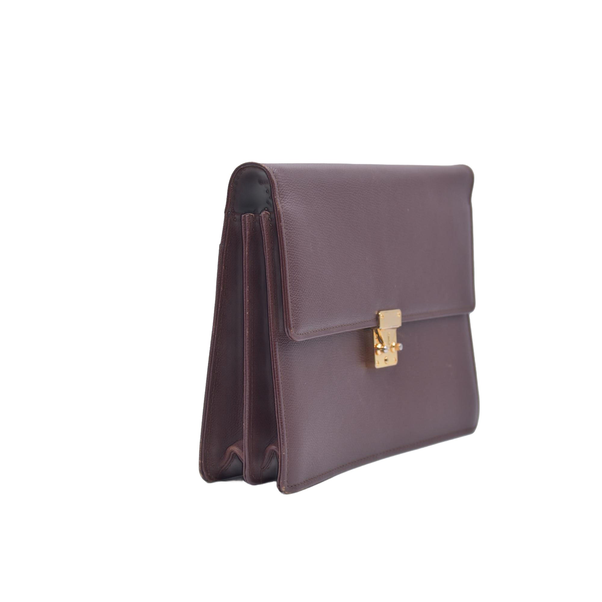 $850 SAINT LAURENT Textured Leather Push Lock Clutch Document Case Burgundy CONSIGNMENT 10021193