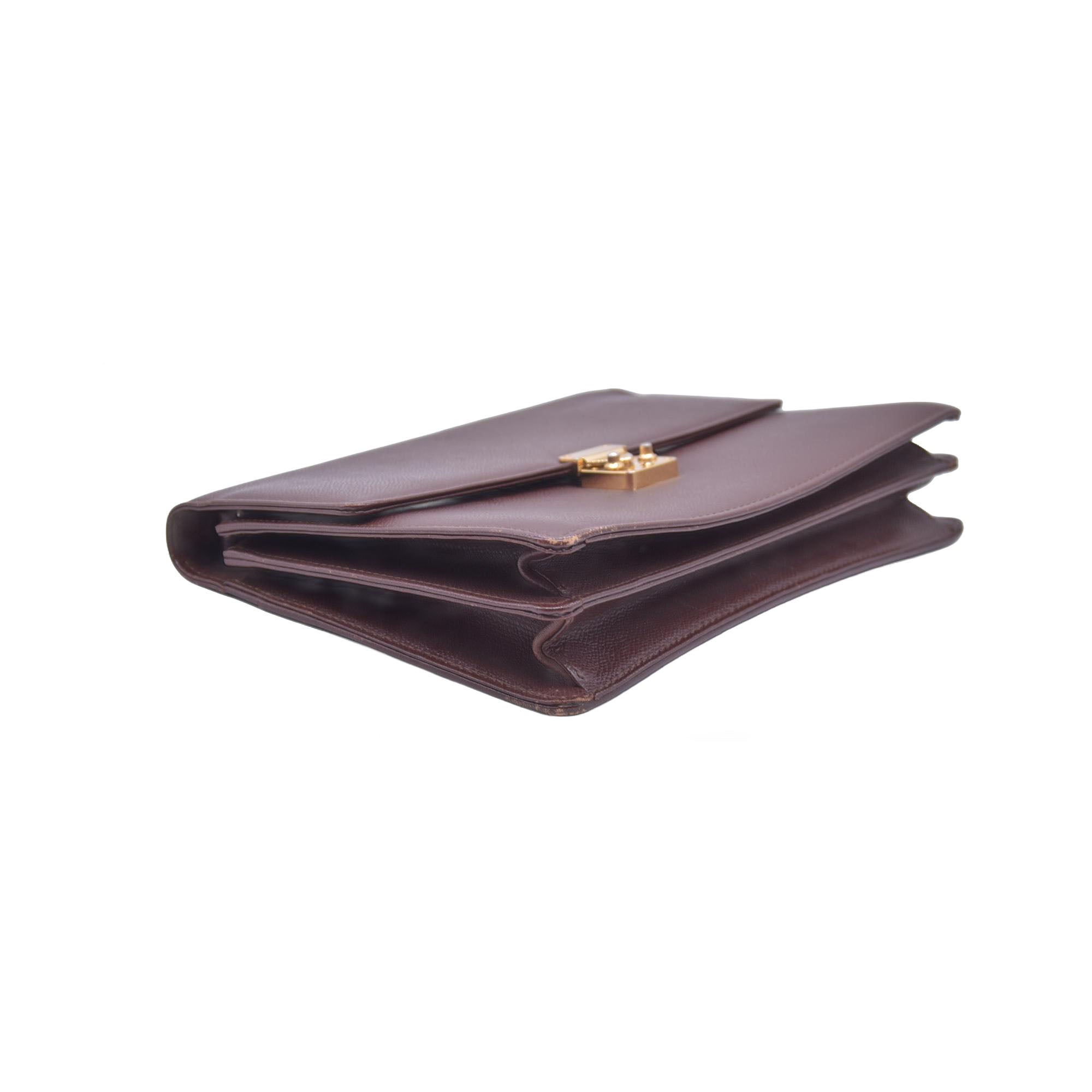 $850 SAINT LAURENT Textured Leather Push Lock Clutch Document Case Burgundy CONSIGNMENT 10021193