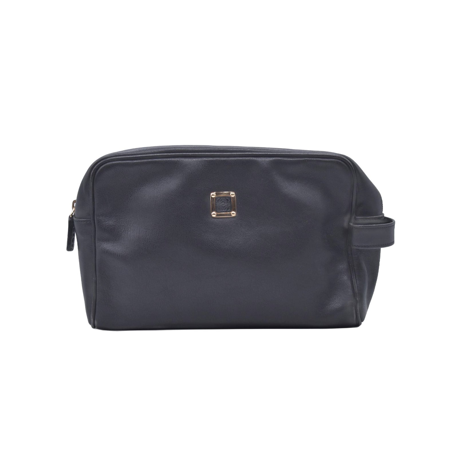 $650 LOEWE Smooth Calfskin Anagram Square Plaque Cosmetic Case Black CONSIGNMENT 10021216