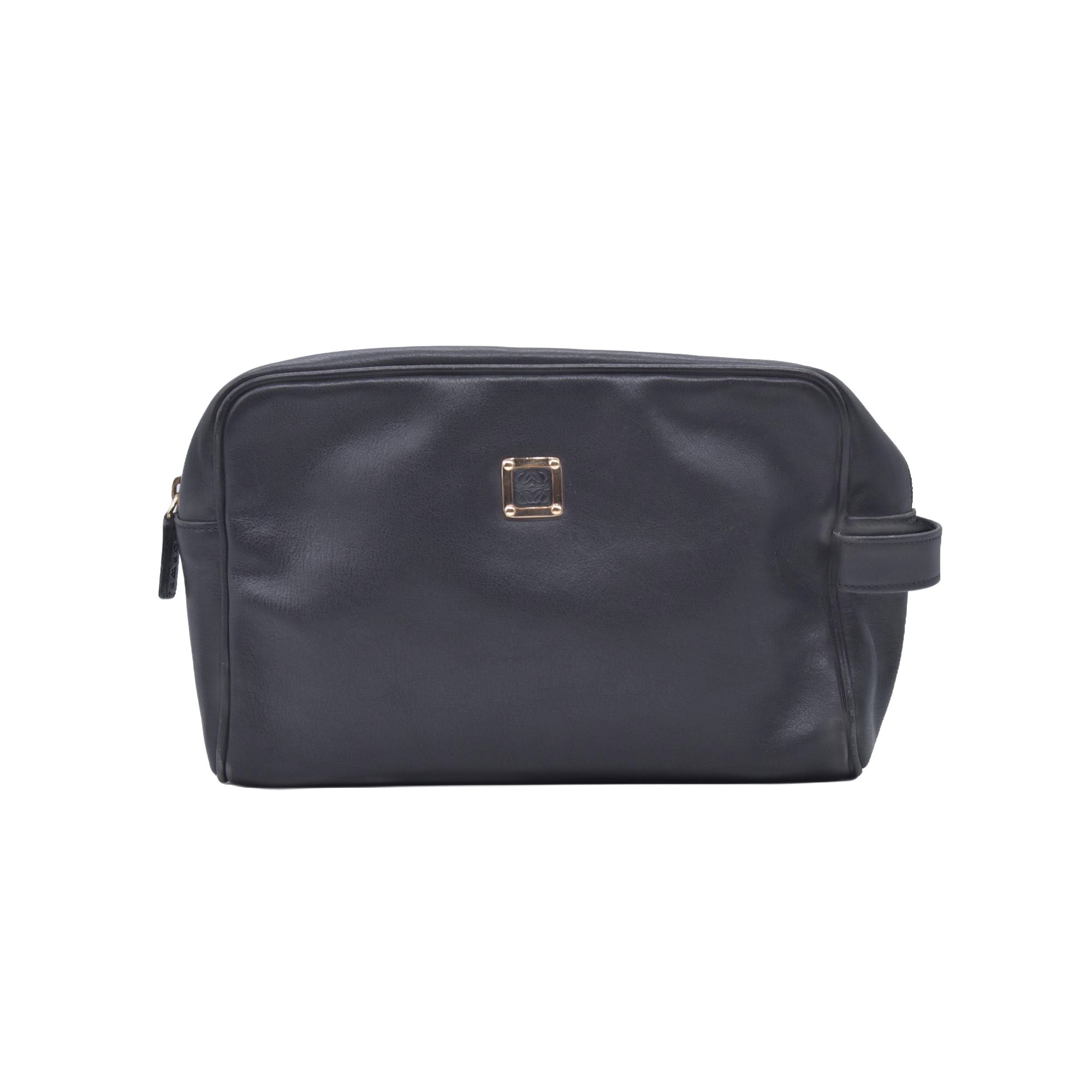 $650 LOEWE Smooth Calfskin Anagram Square Plaque Cosmetic Case Black CONSIGNMENT 10021216