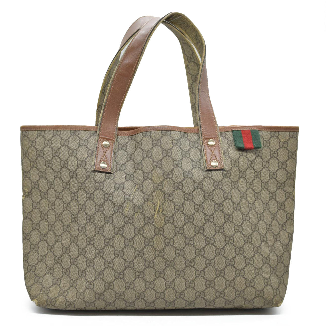 $1490 Gucci GG Plus Monogram Medium Signature Web Loop Tote Brown