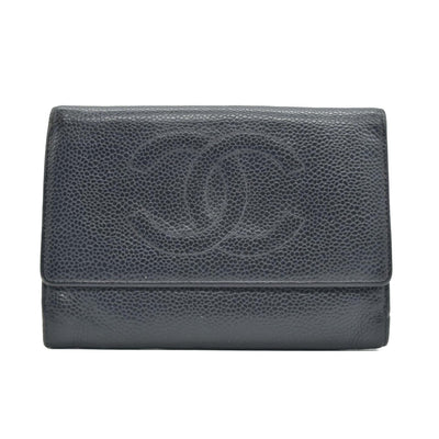 $925 CHANEL CC Logo Grained Calfskin Trifold Wallet Black 6117536