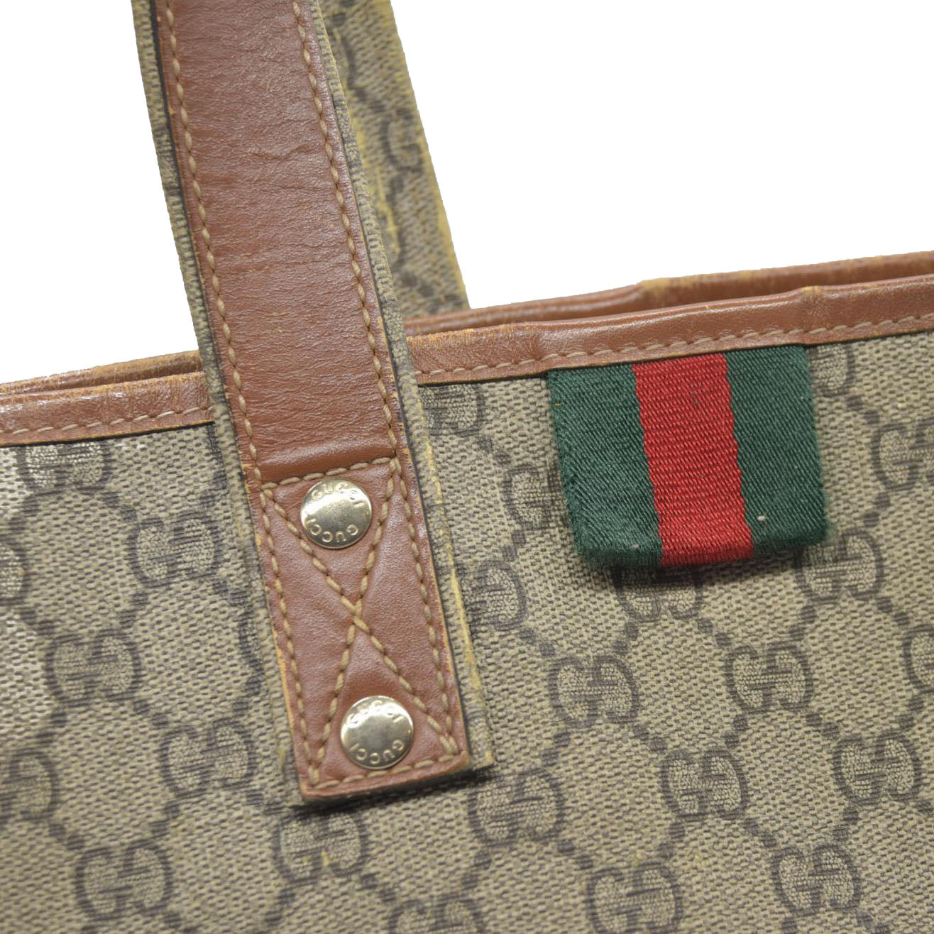 $1490 Gucci GG Plus Monogram Medium Signature Web Loop Tote Brown