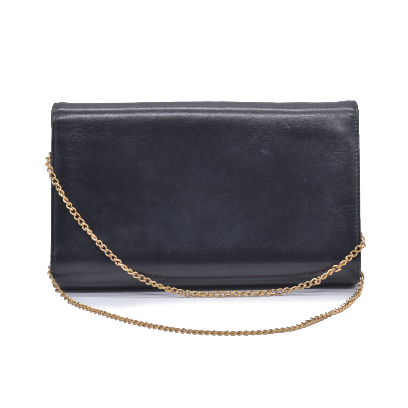 $1450 GUCCI Calfskin Vintage Interlocking GG Chain Flap Clutch Bag Black CONSIGNMENT 10021223