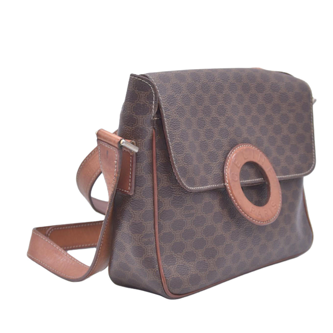 CELINE Macadam Coated Canvas Ring Circle Logo Crossbody Bag Brown CONSIGNMENT 10021238
