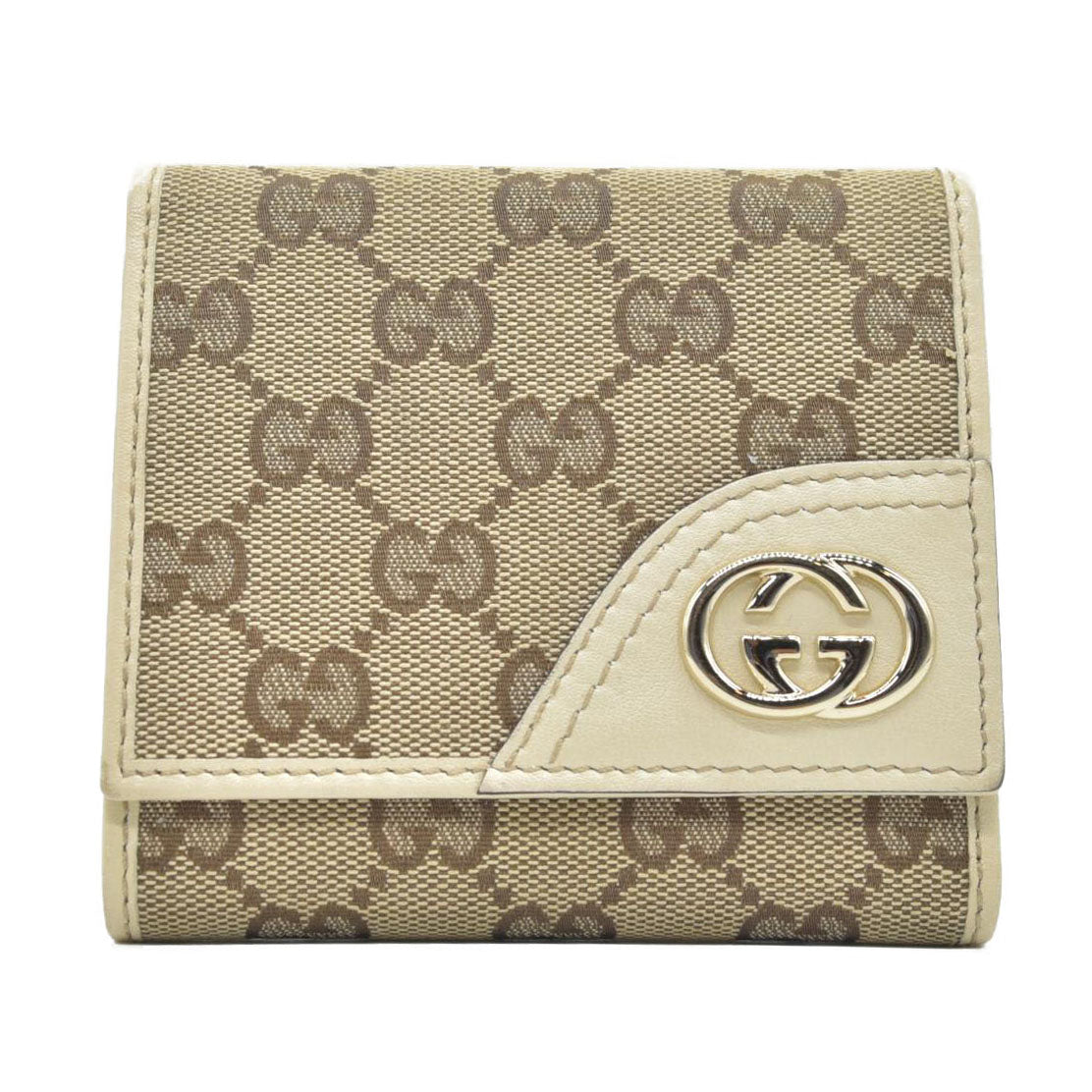 $490 Gucci CONSIGNMENT Beige/Brown GG Canvas and Leather Interlocking G French Wallet