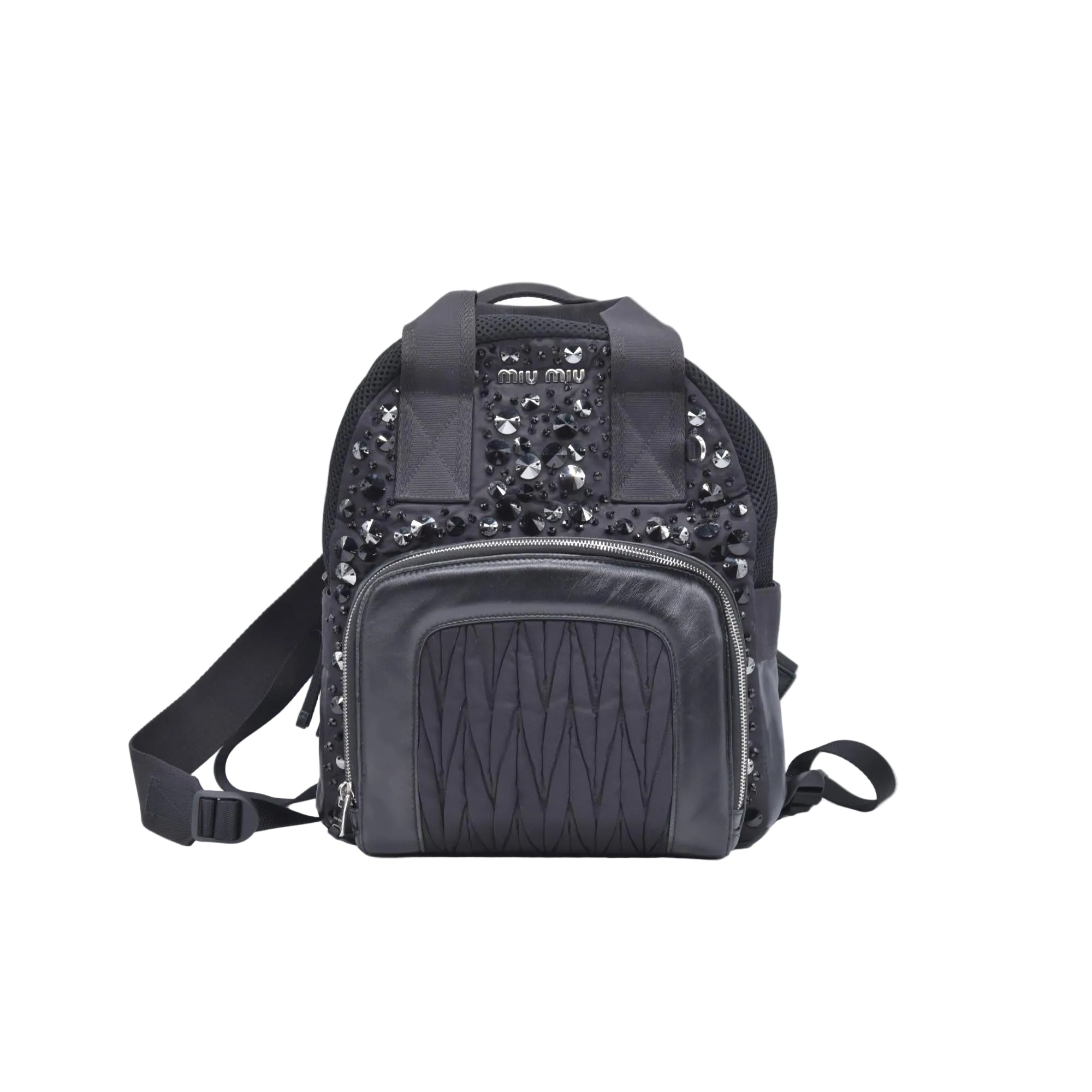 $1950 MIU MIU Leather Trimmed Matelasse Crystal Embellished Nylon Backpack