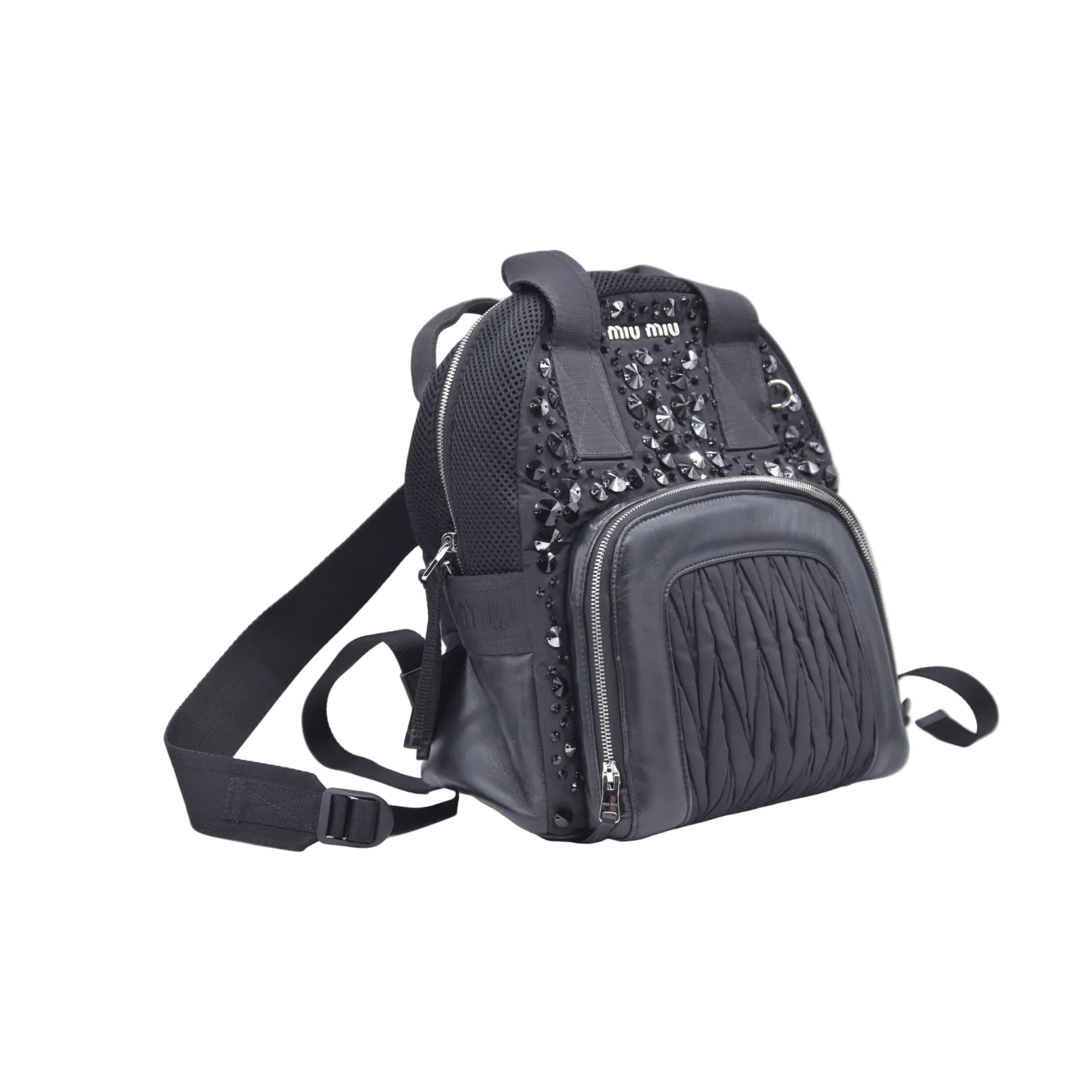$1950 MIU MIU Leather Trimmed Matelasse Crystal Embellished Nylon Backpack