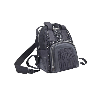 $1950 MIU MIU Leather Trimmed Matelasse Crystal Embellished Nylon Backpack