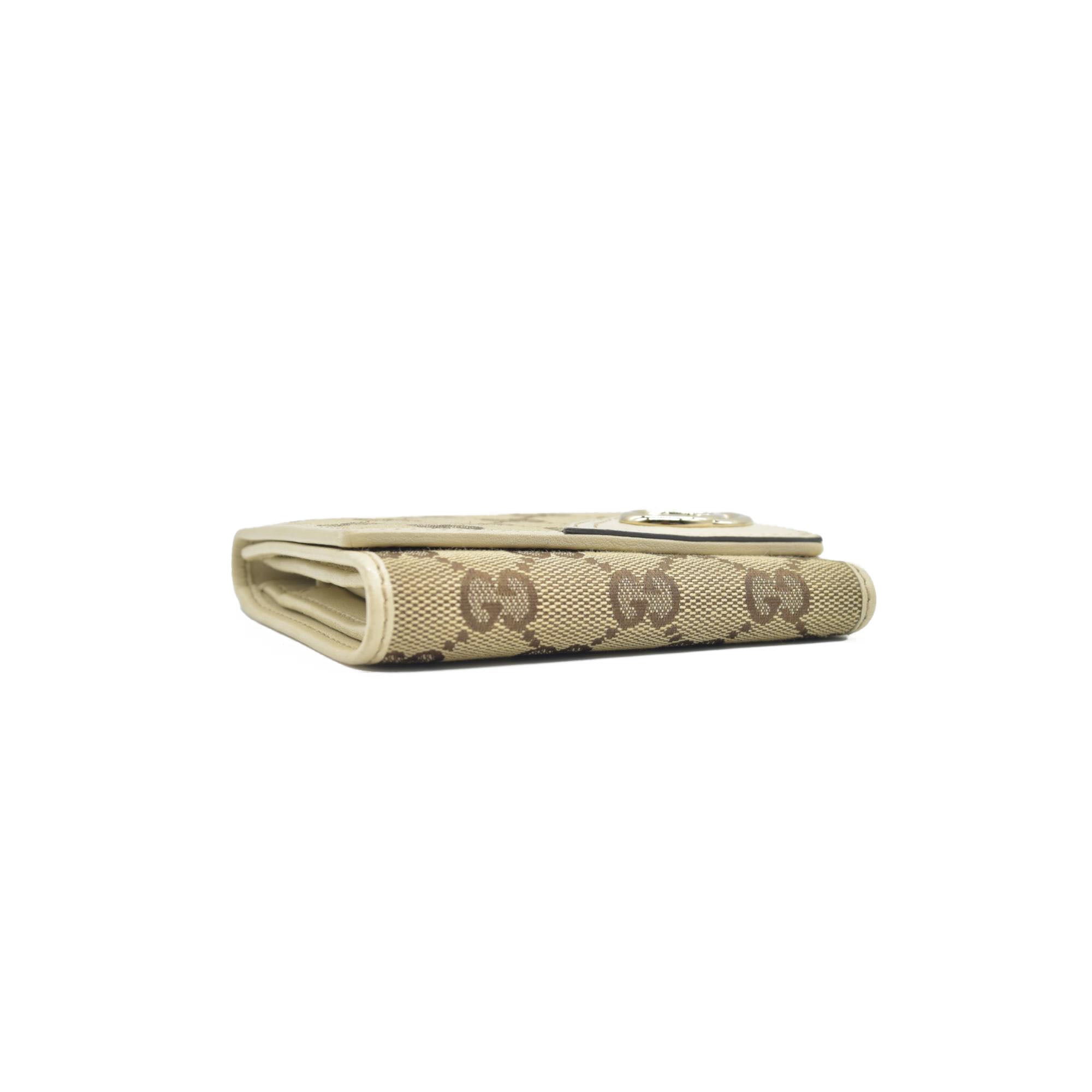 $490 Gucci CONSIGNMENT Beige/Brown GG Canvas and Leather Interlocking G French Wallet