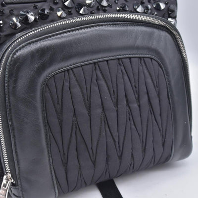 $1950 MIU MIU Leather Trimmed Matelasse Crystal Embellished Nylon Backpack