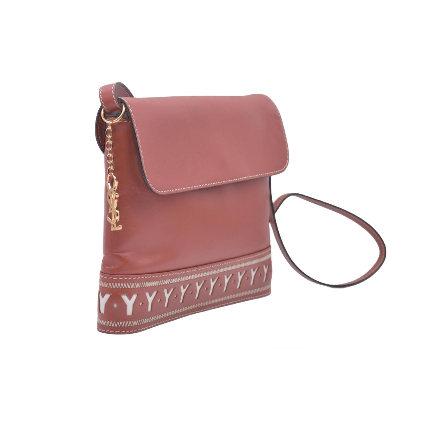 $980 YVES SAINT LAURENT Calfskin Cutout Y Monogram Flap Shoulder Bag Terracotta CONSIGNMENT 10021247