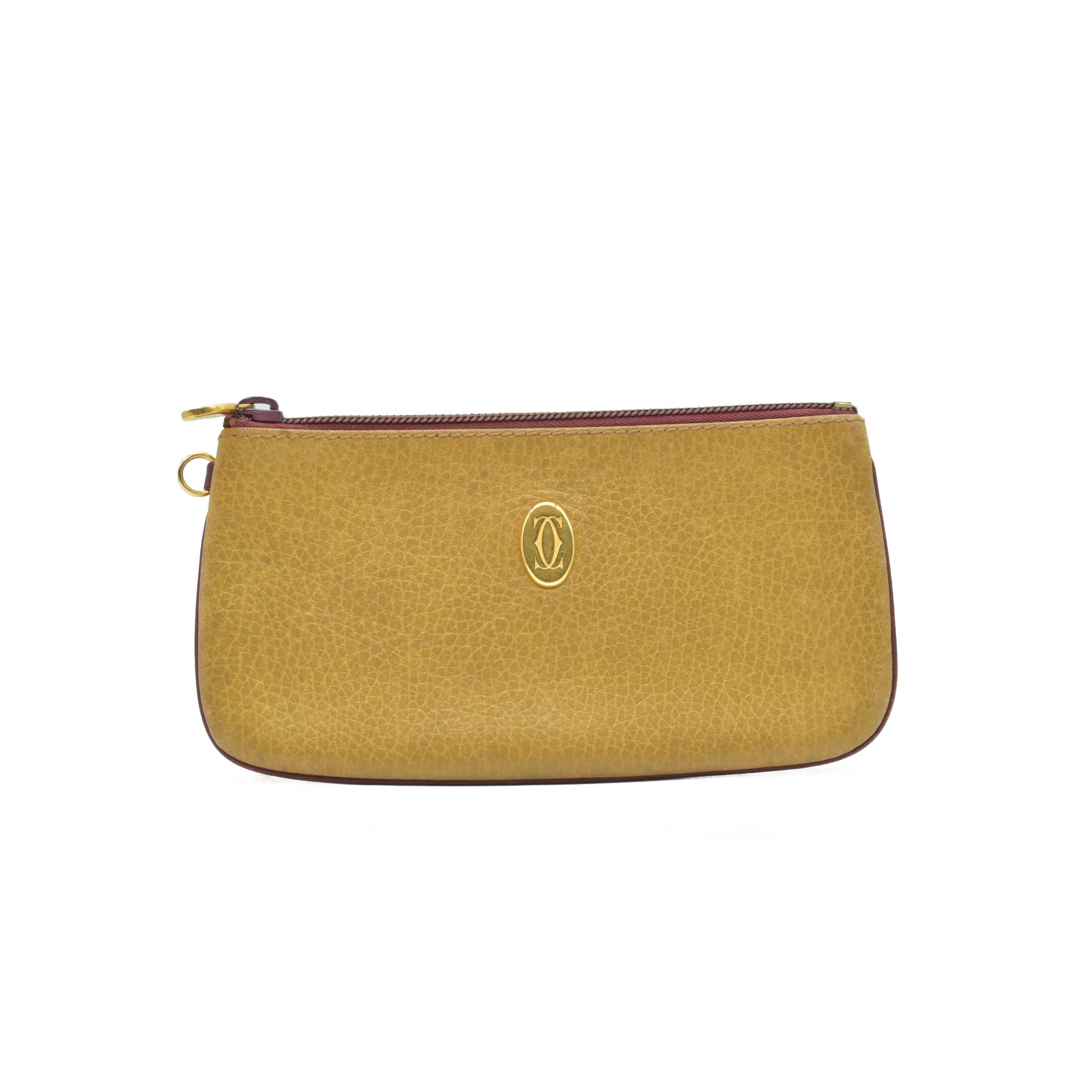 $650 CARTIER Logo Leather Cosmetic Pouch Beige