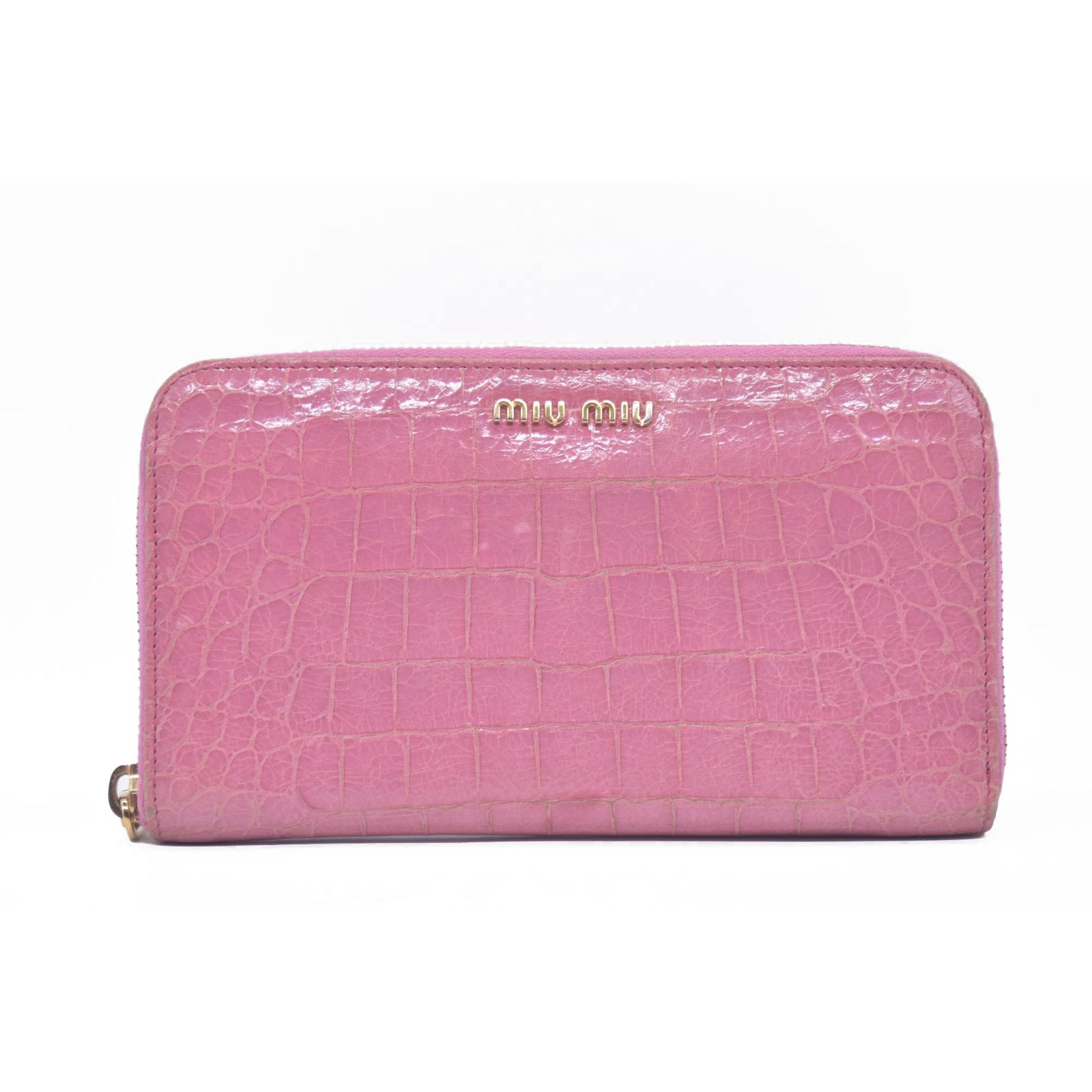$545 Miu Miu  Vernice Crocodile Embossed Calfskin Zip Around Wallet Antico CONSIGNMENT
