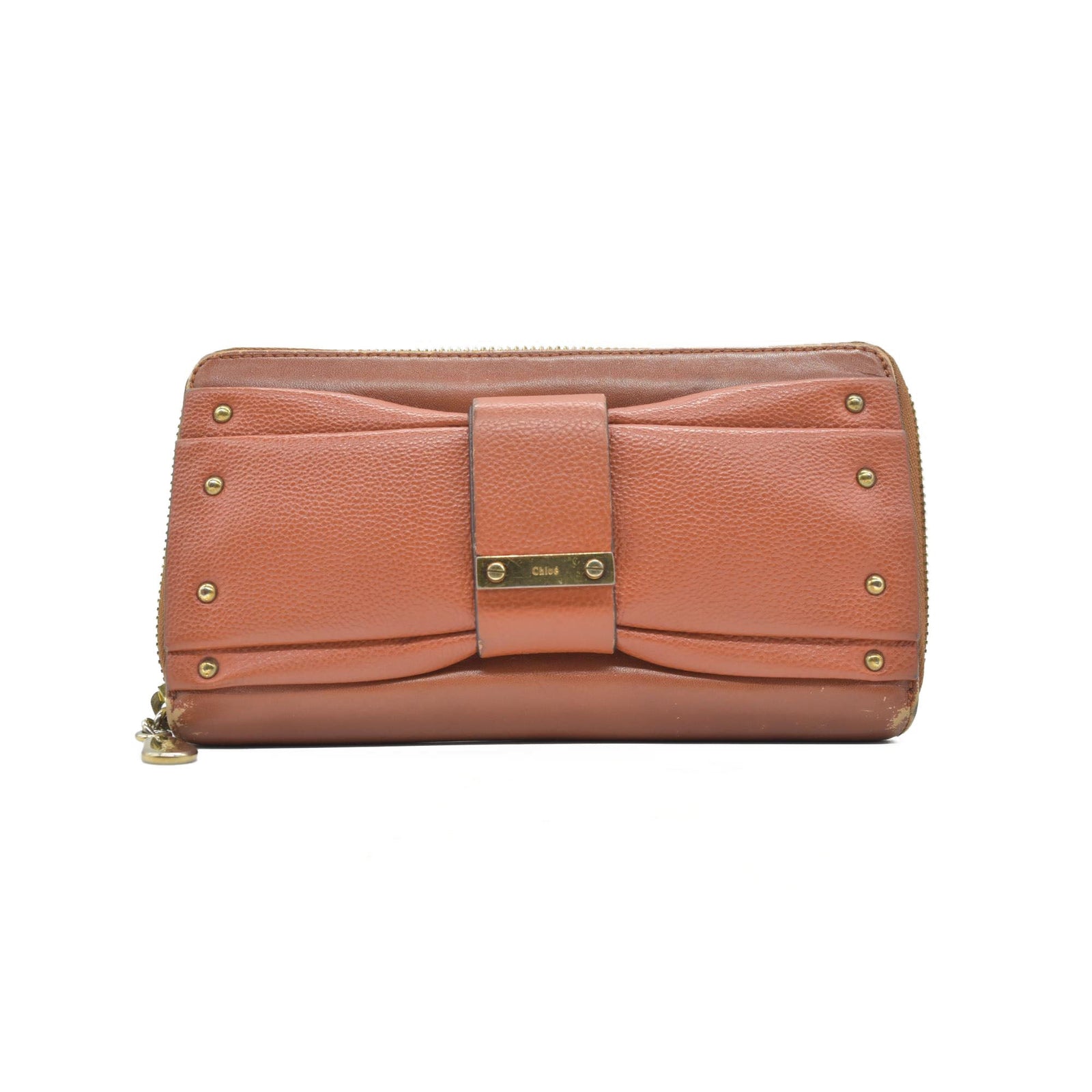 $690 CHLOE Ribbon Leather Zip Around Long Wallet Brown
