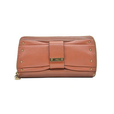 $690 CHLOE Ribbon Leather Zip Around Long Wallet Brown
