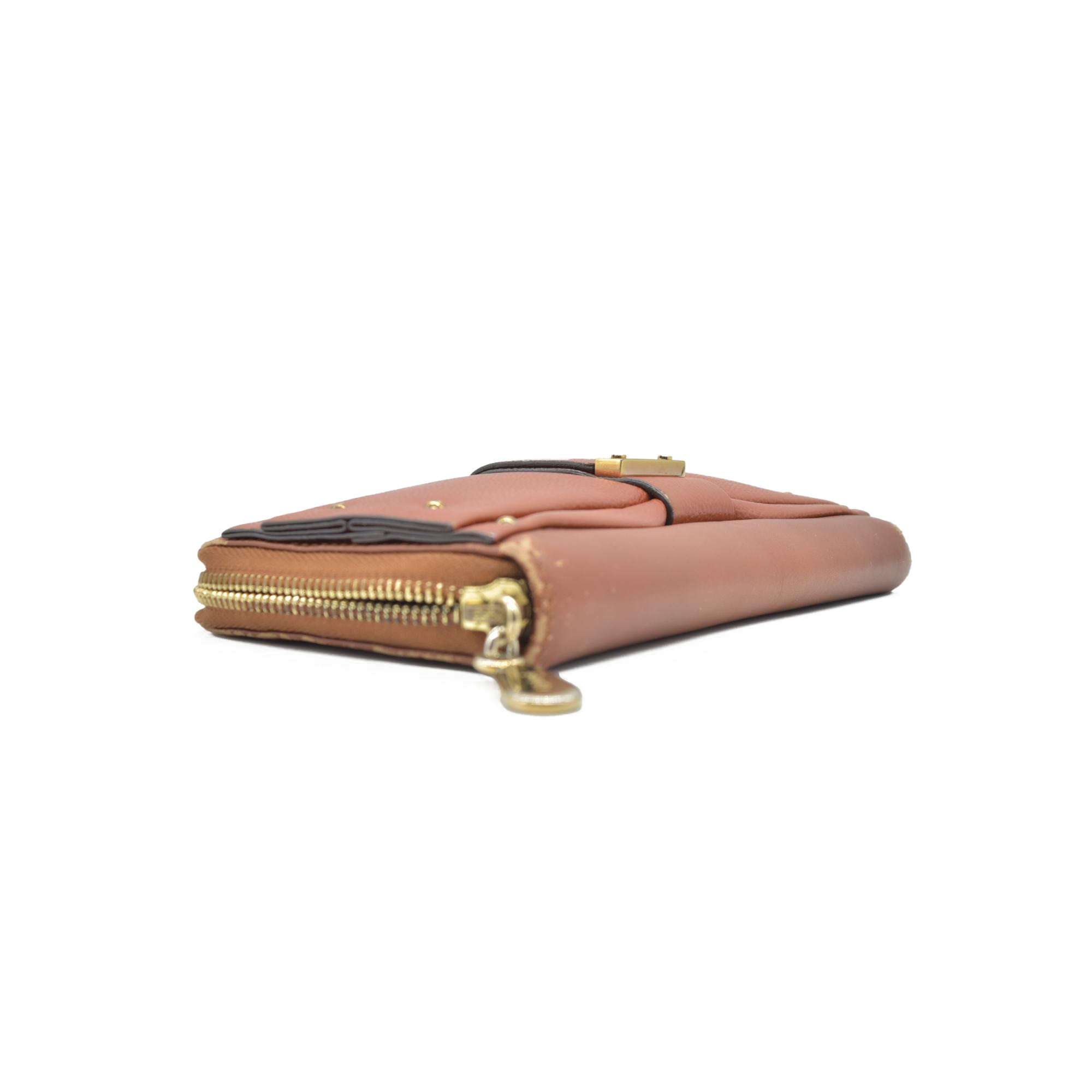 $690 CHLOE Ribbon Leather Zip Around Long Wallet Brown