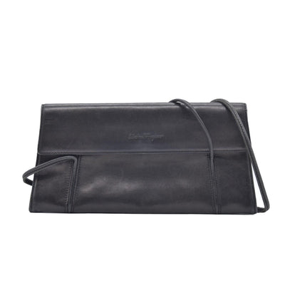 $850 SALVATORE FERRAGAMO Smooth Calfskin Logo Flap Crossbody Bag Black CONSIGNMENT 10021196