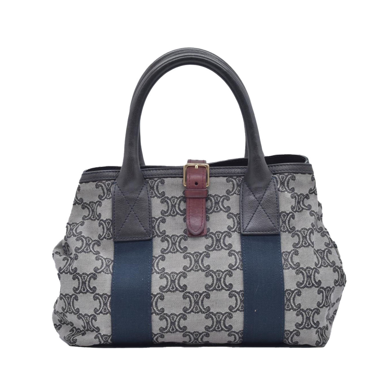 $1150 CELINE Triomphe Canvas & Web Buckle Strap Tote Bag Grey Navy CONSIGNMENT 10021188