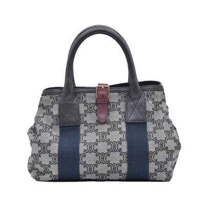 $1150 CELINE Triomphe Canvas & Web Buckle Strap Tote Bag Grey Navy CONSIGNMENT 10021188