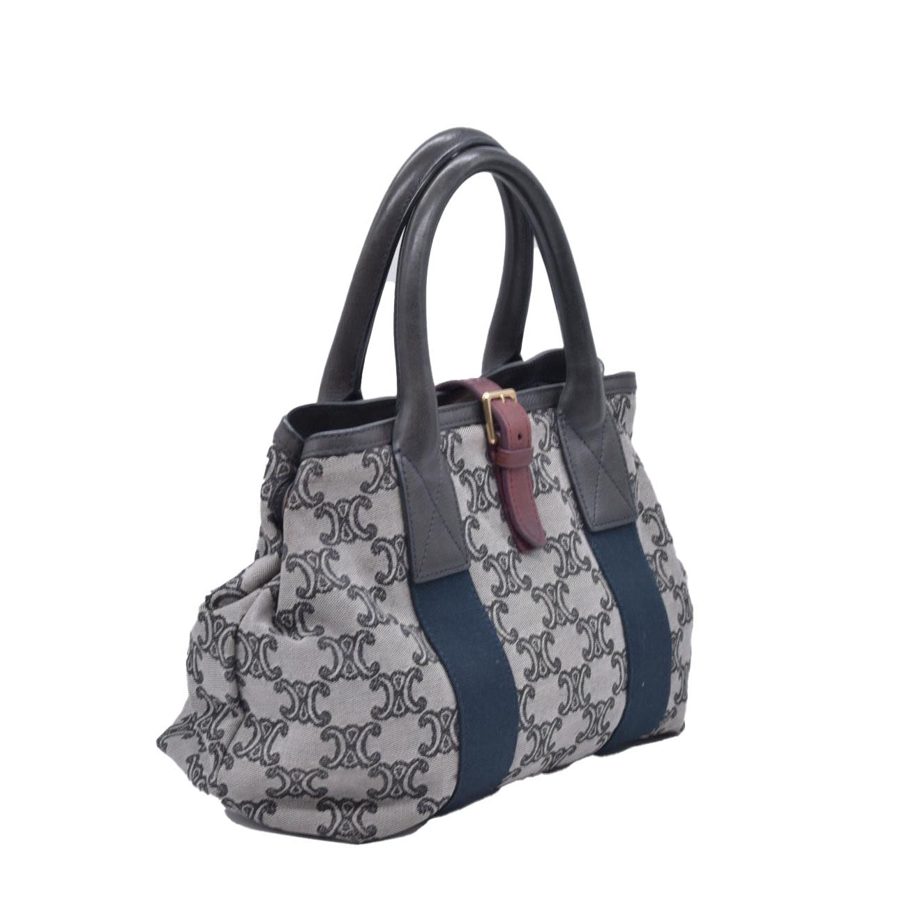 $1150 CELINE Triomphe Canvas & Web Buckle Strap Tote Bag Grey Navy CONSIGNMENT 10021188