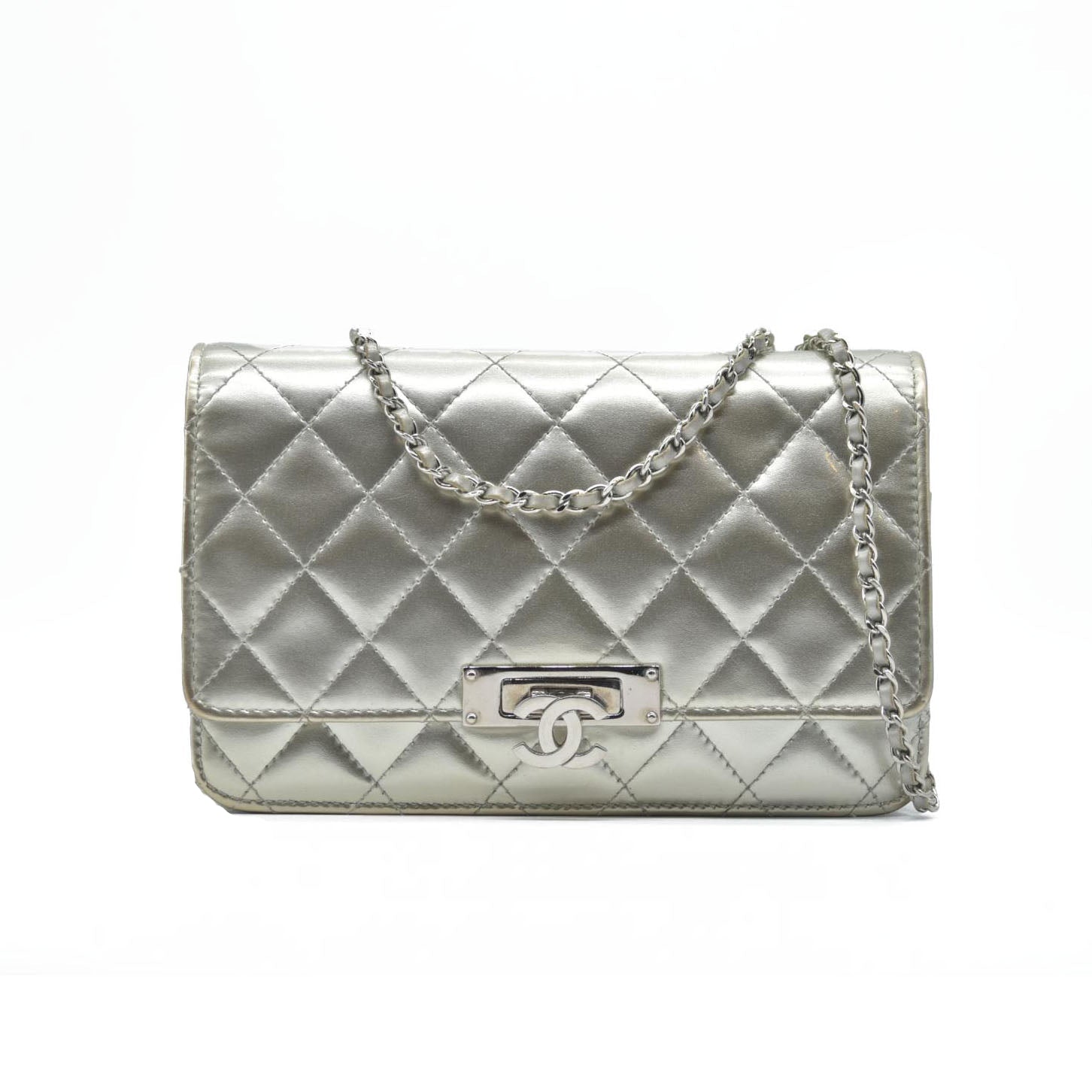 $3000 Chanel  Patent Quilted Golden Class Wallet on Chain WOC Silver