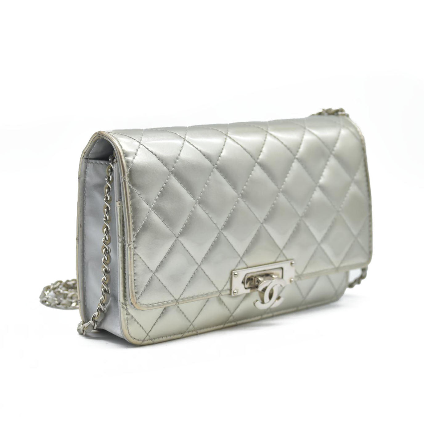 $3000 Chanel  Patent Quilted Golden Class Wallet on Chain WOC Silver
