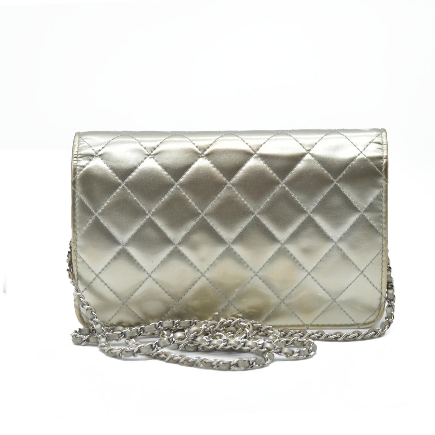 $3000 Chanel  Patent Quilted Golden Class Wallet on Chain WOC Silver
