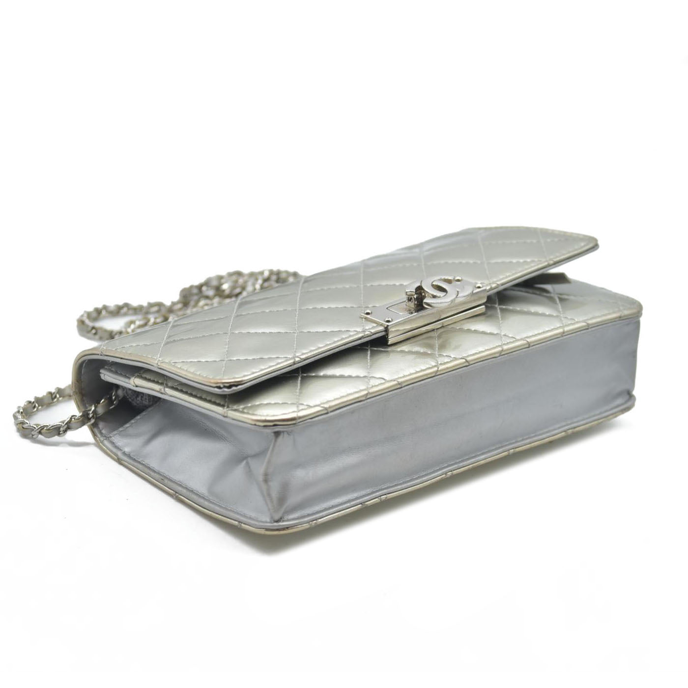 $3000 Chanel  Patent Quilted Golden Class Wallet on Chain WOC Silver