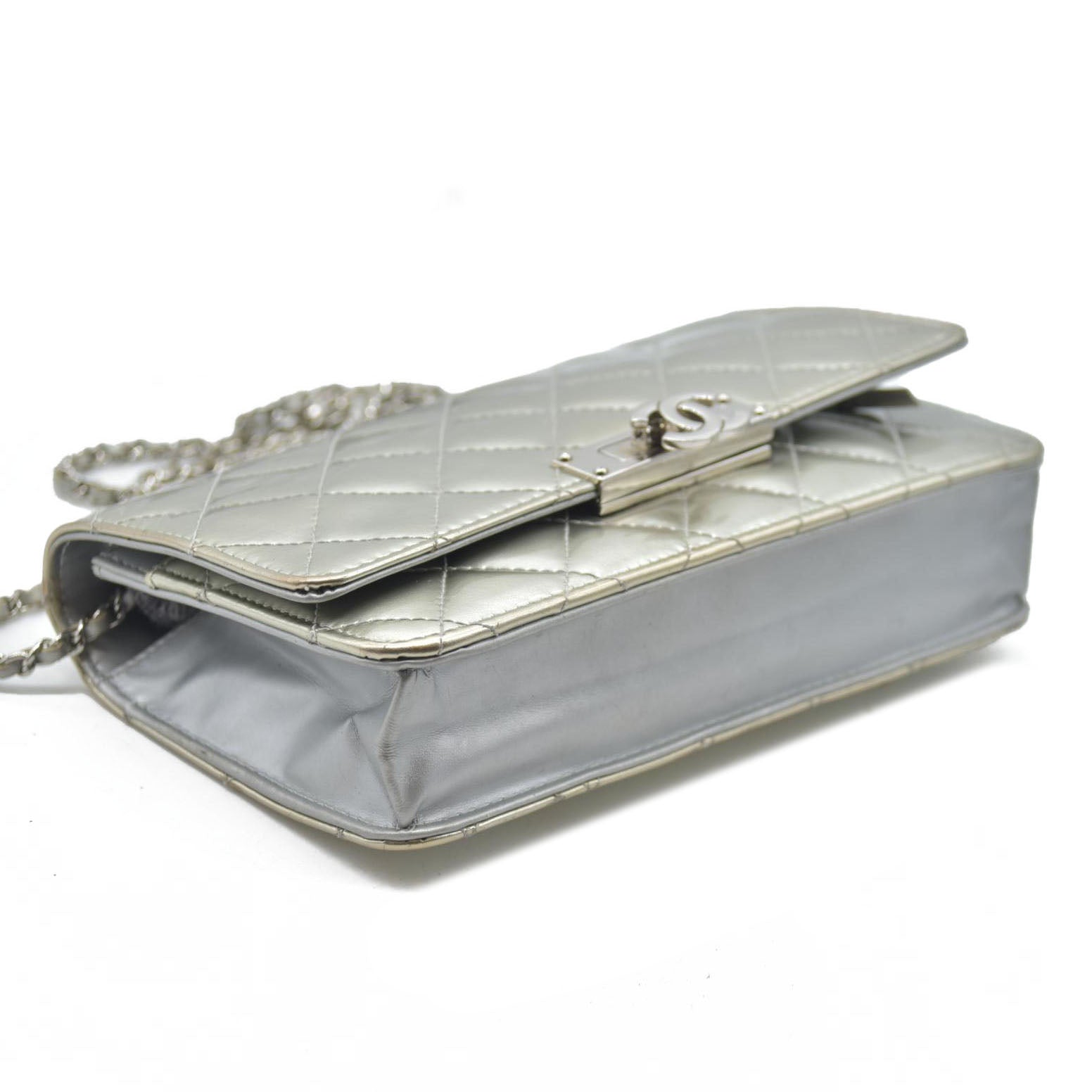$3000 Chanel  Patent Quilted Golden Class Wallet on Chain WOC Silver