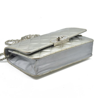 $3000 Chanel  Patent Quilted Golden Class Wallet on Chain WOC Silver