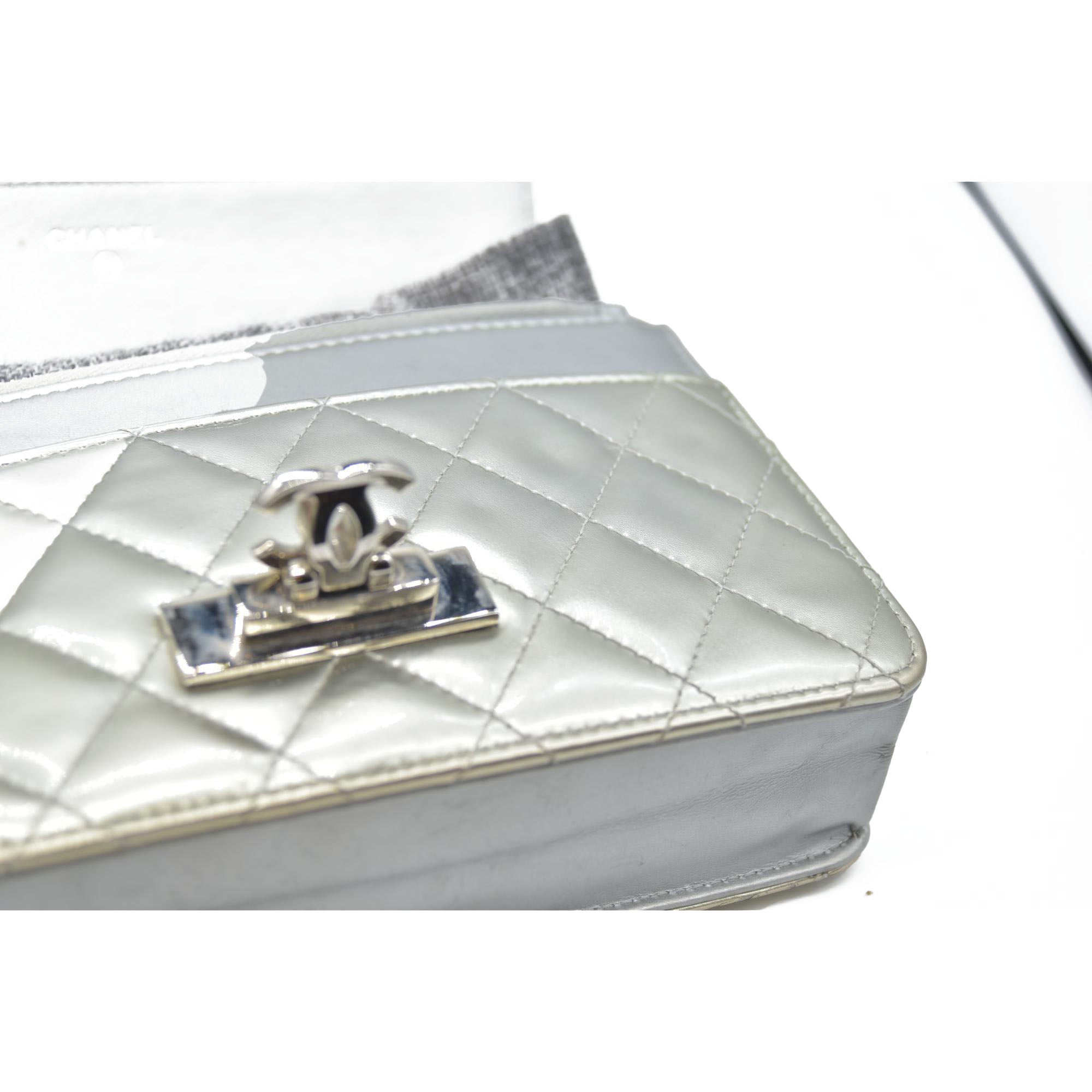 $3000 Chanel  Patent Quilted Golden Class Wallet on Chain WOC Silver