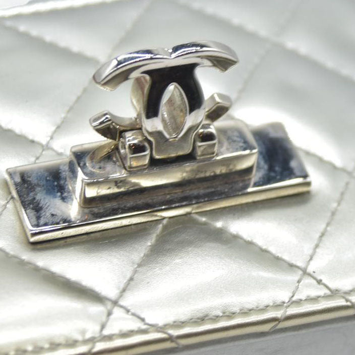 $3000 Chanel  Patent Quilted Golden Class Wallet on Chain WOC Silver