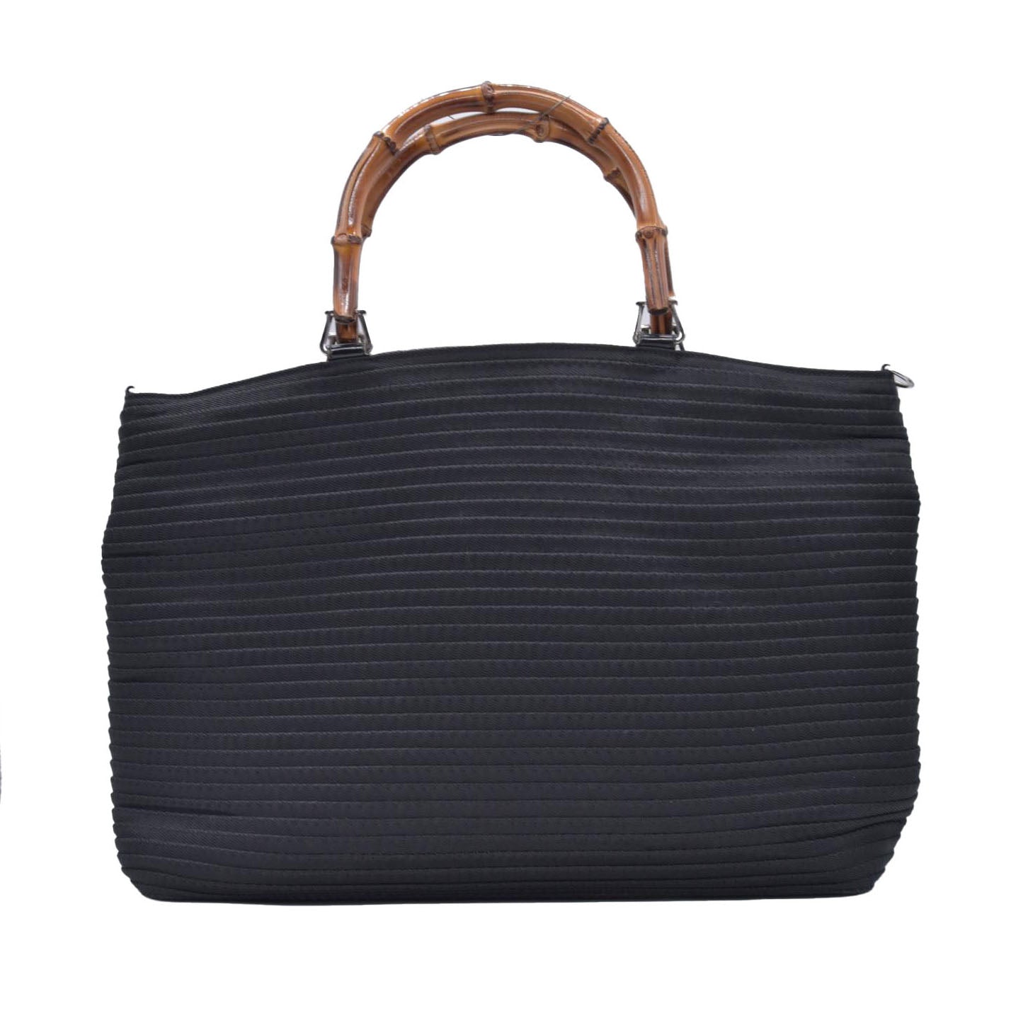 $1050 GUCCI Woven Ribbed Nylon Bamboo Handle Tote Bag Black CONSIGNMENT 10021183