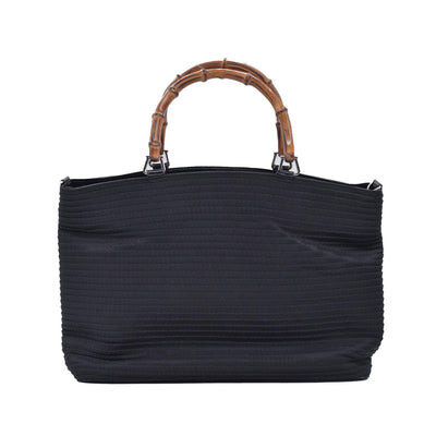 $1050 GUCCI Woven Ribbed Nylon Bamboo Handle Tote Bag Black CONSIGNMENT 10021183