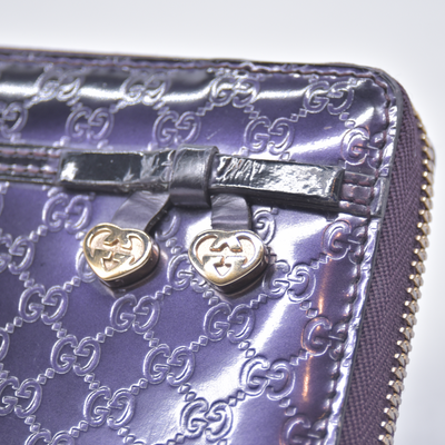 $595 Gucci Guccissima Metallic Micro GG Zip Around Wallet Purple CONSIGNMENT